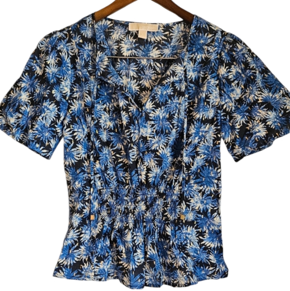 Michael Kors Blue Floral Metallic Short Sleeve Blouse Sz Small